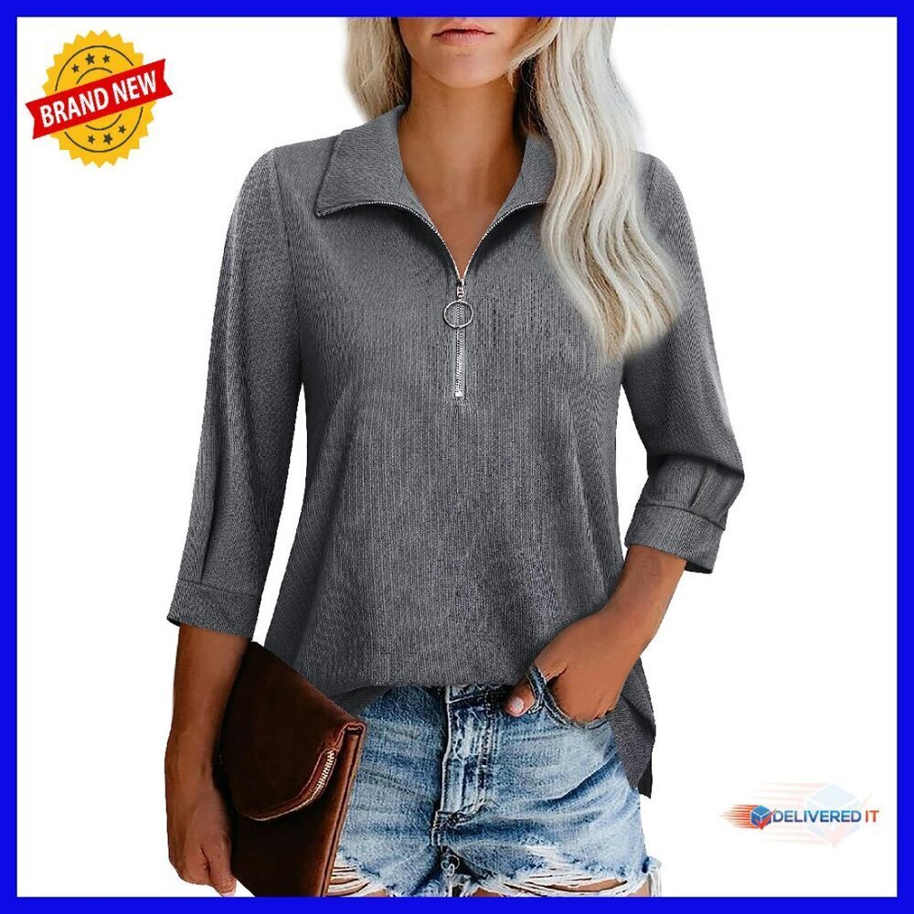 3/4 Sleeve V Neck Blouse with Zipper Collar - Polyester Spandex Work Top